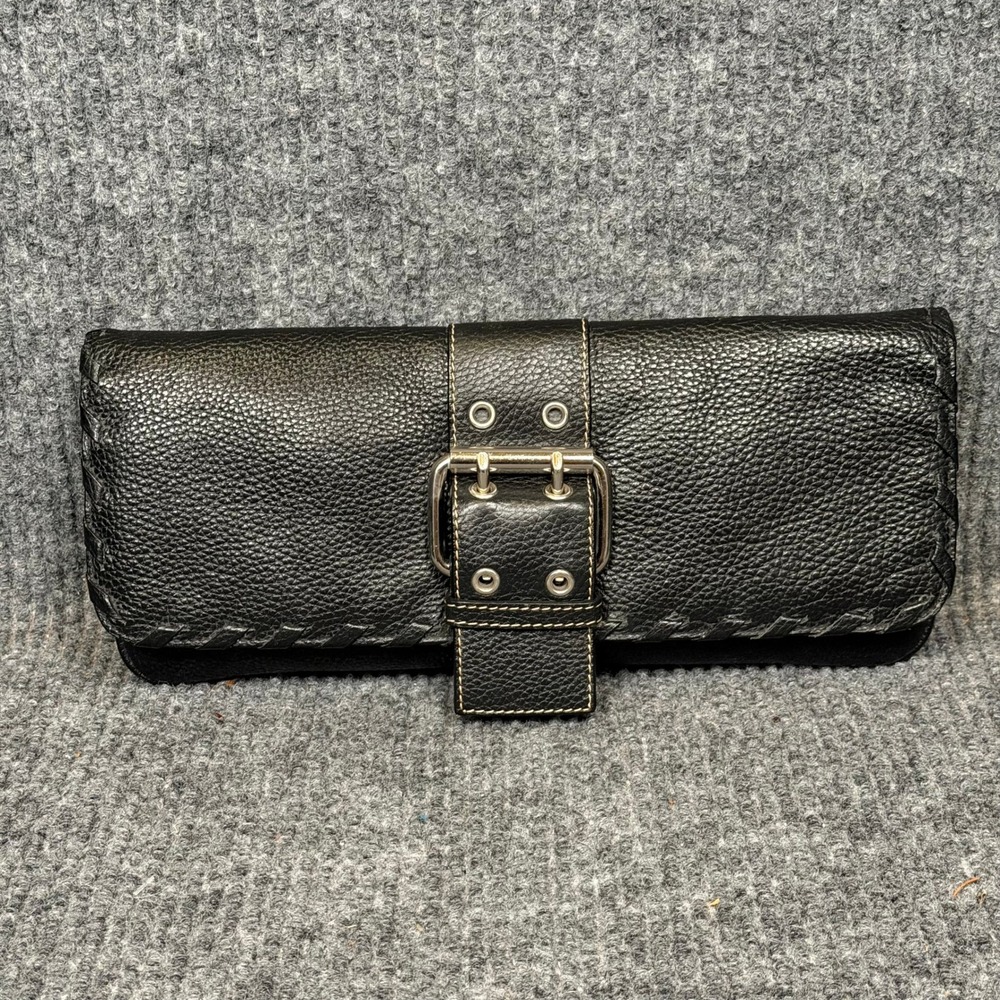 Y2K BCBGMAXAZRIA Black Pebbled Leather Clutch Chunky Buckle Whipstitch Contrast